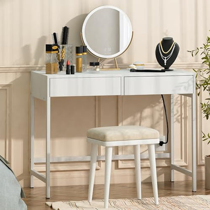 Computer Desk with USB Charging Ports and Power Outlets, Modern Simple 40 inch White Desk with 2 Drawers, Vanity Desk, Makeup Table for Home Office, Bedroom