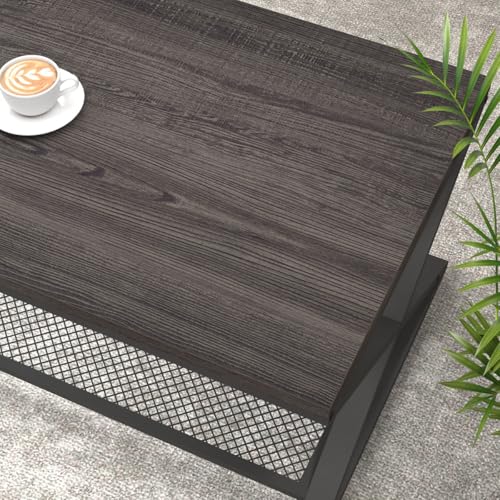 Wood Coffee Table, Center Table with Storage, Dark Gray Oak, 47 Inch | Farmhouse Metal Wood Living Room Table, Industrial 2 Tier Tea Table, Wooden Rectangle Tea Table with Shelf for Office Bedroom