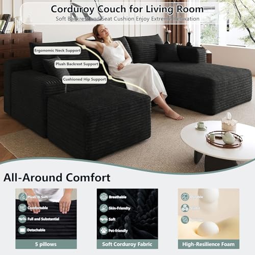 Boneless Cloud Couch Comfy Sectional Couches for Living Room,U Shaped Sofa Couch in a Box with Ottoman Deep Seat Memory Foam Compressed Sofa(Black, 95" Right Facing Chaise)