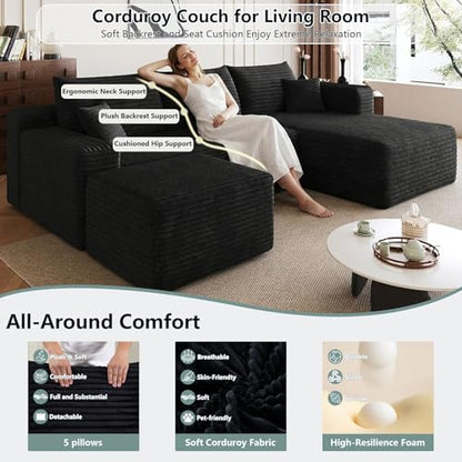 Boneless Cloud Couch Comfy Sectional Couches for Living Room,U Shaped Sofa Couch in a Box with Ottoman Deep Seat Memory Foam Compressed Sofa(Black, 95" Right Facing Chaise)