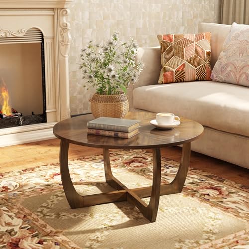 33.5"D Round Wood Coffee Table with Curved Legs, Wood Grain Top | Brown Walnut Wood Tabletop & Legs, Farmhouse Cocktail Table for Living Room, Solid Circle Center Wooden Table