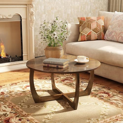 33.5"D Round Wood Coffee Table with Curved Legs, Wood Grain Top | Brown Walnut Wood Tabletop & Legs, Farmhouse Cocktail Table for Living Room, Solid Circle Center Wooden Table