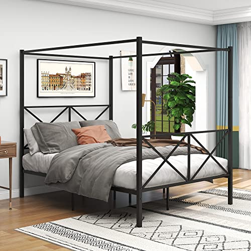 Queen Size Canopy Bed Frame, Black, view 2