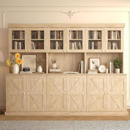 71" Tall Modular Farmhouse Bookcase Set of 3, Brown Storage Cabinets with Glass Doors, Expandable Combination Bookshelves for Home Office and Study Room