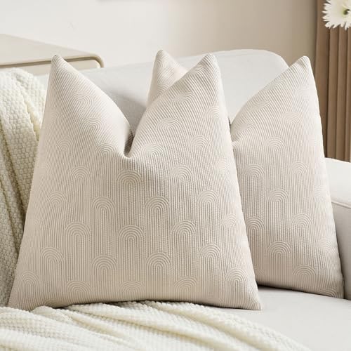 Pack of 2 Chenille Decorative Throw Pillow Covers 18x18 Inch,Soft Cozy Striped Geometric Patterns Cushion Case,Modern Home Decor for Couch Bed Living Room,Beige