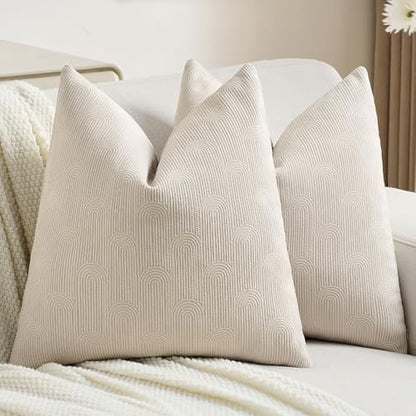 Pack of 2 Chenille Decorative Throw Pillow Covers 18x18 Inch,Soft Cozy Striped Geometric Patterns Cushion Case,Modern Home Decor for Couch Bed Living Room,Beige