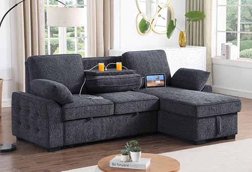 Modern Chenille Sofa Bed with Storage and Charging Ports, view 5