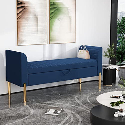 Storage Bench,Upholstered Storage Ottoman Bench,Modern Bed Bench Entryway Bench with Gold Legs for Bedroom Living Room Blue