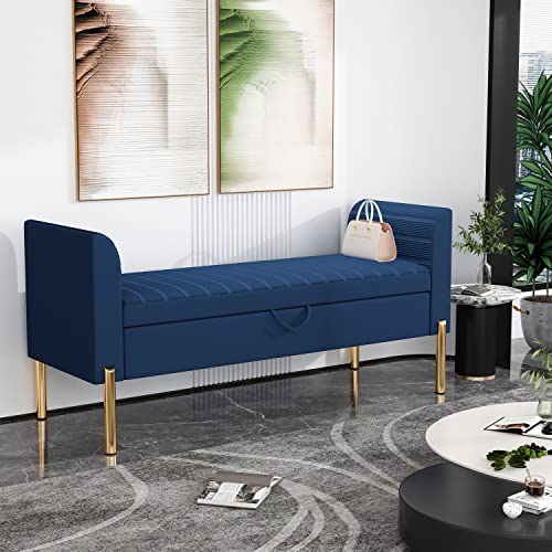 Storage Bench,Upholstered Storage Ottoman Bench,Modern Bed Bench Entryway Bench with Gold Legs for Bedroom Living Room Blue