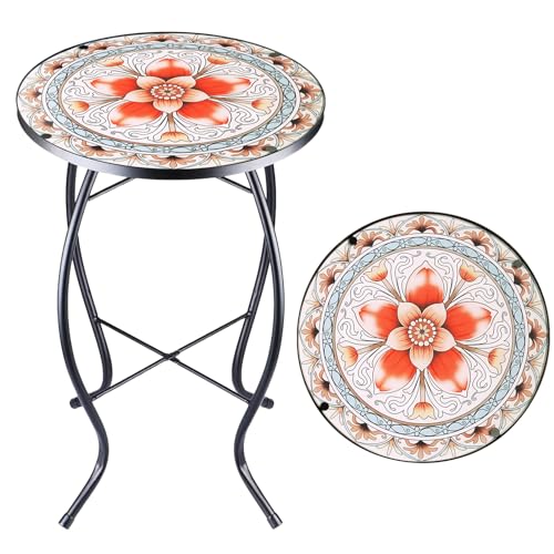 Small glass mosaic outdoor side table with pink flower design, view 2