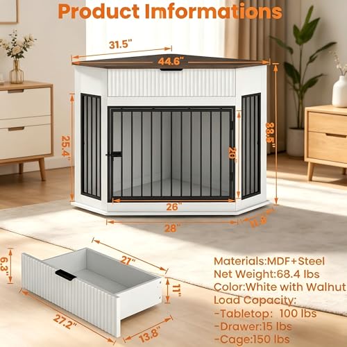 44.6" Corner Dog Crate Furniture with Storage Drawer, Dog Kennel Furniture, view 3