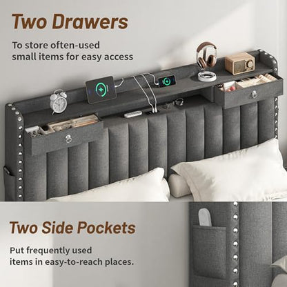 King Size Bed Frame with 4 Storage Drawers and Headboard & Dark Grey, view 4