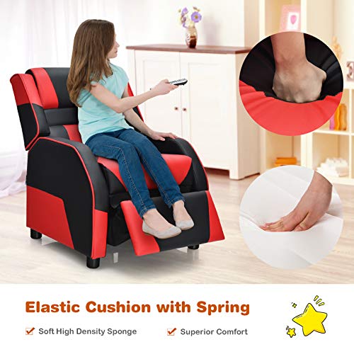 Kids Recliner, Gaming Recliner Chair w/Footrest, Headrest & Lumbar Support, Ergonomic Leather Lounge Chair for Living & Gaming Room, Adjustable Racing Style Sofa for Children Boys Girls, Red