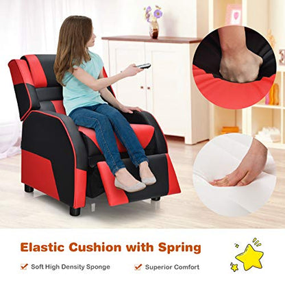 Kids Recliner, Gaming Recliner Chair w/Footrest, Headrest & Lumbar Support, Ergonomic Leather Lounge Chair for Living & Gaming Room, Adjustable Racing Style Sofa for Children Boys Girls, Red