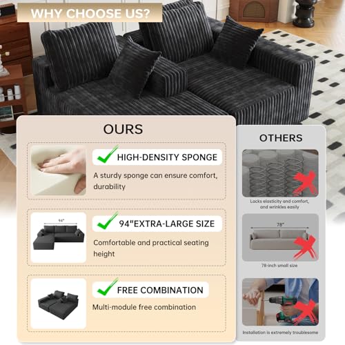 Cloud Boneless Sectional Couches with Oversized Chaise for Living Room, Modular L Shaped Couch with Deep Seat, Memory Foam Compressed 3 Seater Sofa for Apartment