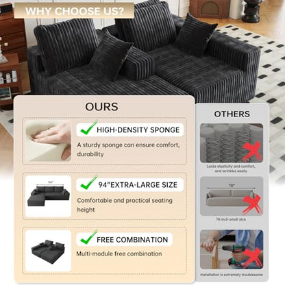 Cloud Boneless Sectional Couches with Oversized Chaise for Living Room, Modular L Shaped Couch with Deep Seat, Memory Foam Compressed 3 Seater Sofa for Apartment