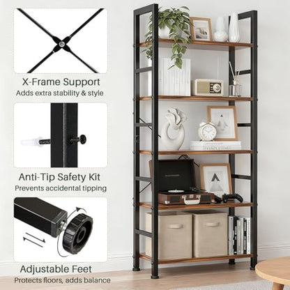5 Tier Bookshelf, Free Standing Wooden Bookcase with Open Storage Shelves with Metal Frame, Sturdy Shelf Organization Display Rack for Living Room, Bedroom, Home Office, 62.2" Tall, Brown