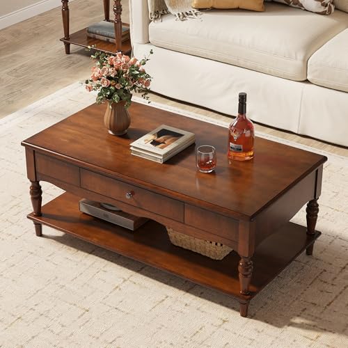 Wooden Coffee Table with Drawers & Storage Shelf, Cherry Brown | 43.3x23.6x17.7in, Vintage Rectangle Center Table with 2 Drawers, Apartment Cocktail Table with Turned Legs for Living Room