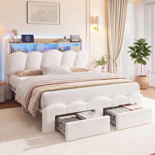 White Full Bed Frame with Storage, view 2