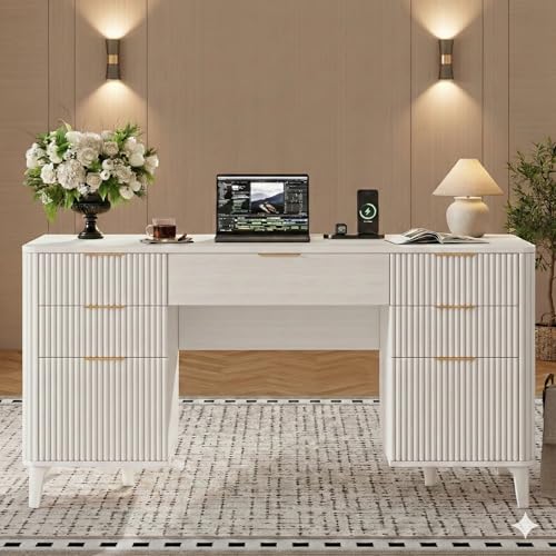 White Desk with Drawers, 55" Fluted Executive Desk with Storage Cabinet, Wood Home Office Desk with File Cabinet, Modern Computer Writing Desk for Study, Living Room, Bedroom