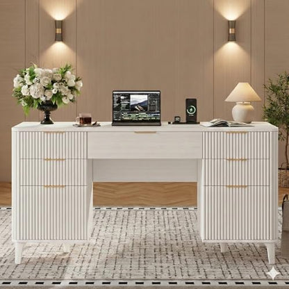 White Desk with Drawers, 55" Fluted Executive Desk with Storage Cabinet, Wood Home Office Desk with File Cabinet, Modern Computer Writing Desk for Study, Living Room, Bedroom