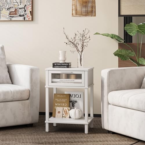Nightstand Wooden Bedside Table with Drawer White Night Stands Modern Style Small End Table Side Table with Storage Shelf for Bedroom Living Room MLBZ10W
