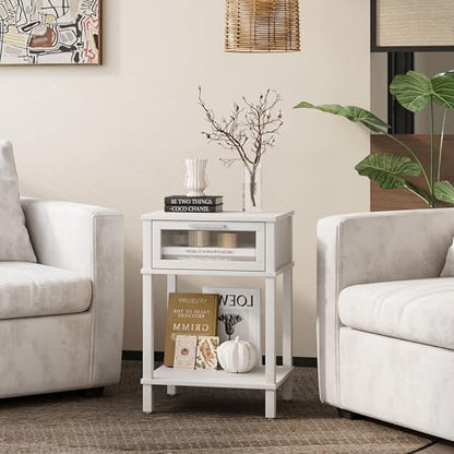 Nightstand Wooden Bedside Table with Drawer White Night Stands Modern Style Small End Table Side Table with Storage Shelf for Bedroom Living Room MLBZ10W