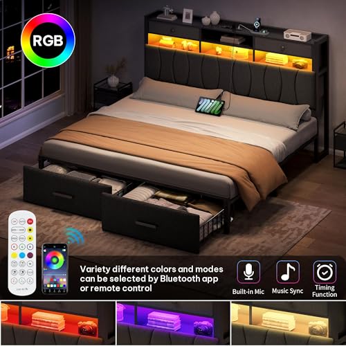 King Size Bed Frame with 2 Storage Drawers and Charging Station, view 4