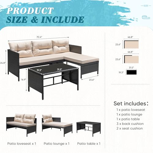 3 Piece Patio Furniture Set Outdoor Wicker Rattan Sectional Sofa with Cushions & Coffee Table for Yard, Garden, Porch, Poolside, Light Beige