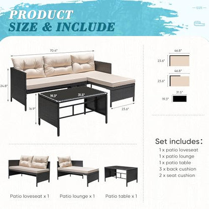 3 Piece Patio Furniture Set Outdoor Wicker Rattan Sectional Sofa with Cushions & Coffee Table for Yard, Garden, Porch, Poolside, Light Beige