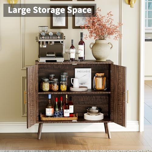 Sideboard Buffet Cabinet with Storage, Elegant Wood Accent Cabinet with Line Groove Design, Freestanding Storage Cabinet with Adjustable Shelves for Living Room, Kitchen, Entryway, Walnut