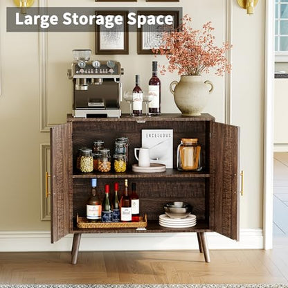 Sideboard Buffet Cabinet with Storage, Elegant Wood Accent Cabinet with Line Groove Design, Freestanding Storage Cabinet with Adjustable Shelves for Living Room, Kitchen, Entryway, Walnut