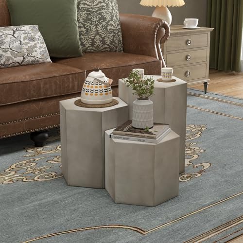 Concrete Accent Table, Hexagon Patio Side Table 14.5''Wx20''H, Modular Design Indoor Outdoor End Table, Light Grey