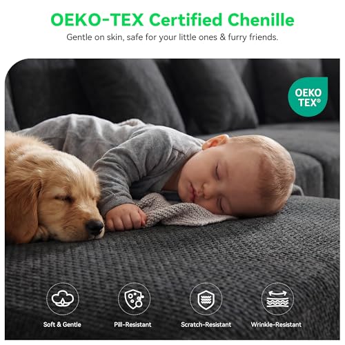 130'' Oversized Boneless Sectional Couches for Living Room, 6-Seat U Shaped Cloud Couch, Modular Sofa with Ottoman & 6 Throw Pillows, Comfy Chenille, No Assembly Required, Black