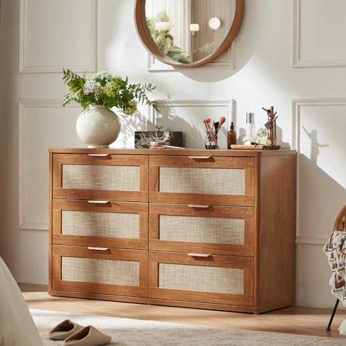 Rattan 6 Drawer Dresser for Bedroom, Boho 48" Wide Wooden Dark Dresser Chest of Drawers, Dressers TV Stand with Metal Handle, Storage Dressers Closet Organizer for Living Room, Hallway