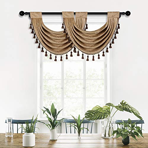 Coffee Thick Chenille Waterfall Swag Valance for Living Room Kitchen Valance Curtains,Pack of 1(Coffee, 30" W x 22" L)