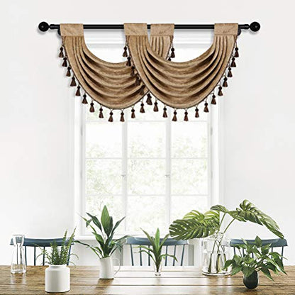 Coffee Thick Chenille Waterfall Swag Valance for Living Room Kitchen Valance Curtains,Pack of 1(Coffee, 30" W x 22" L)