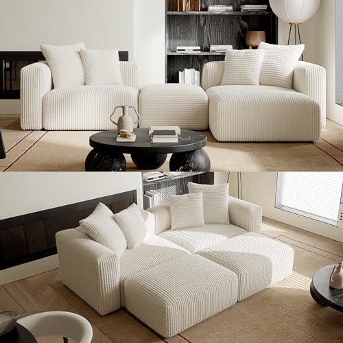 Convertible Modular Sectional Sofa with Ottoman, Sleeper Bed, White | Corduroy Couch, Wood Frame, Free Combination, DayBed, for Living Room Small Space Apartment