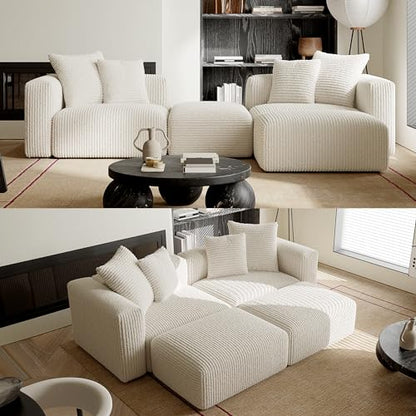 Convertible Modular Sectional Sofa with Ottoman, Sleeper Bed, White | Corduroy Couch, Wood Frame, Free Combination, DayBed, for Living Room Small Space Apartment