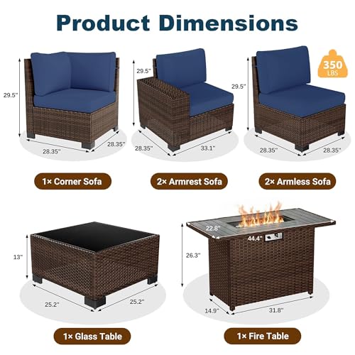 7 Piece Patio Furniture Set with Fire Pit Table, Outdoor Conversation Sets Wicker Rattan Sectional Sofa with Coffee Table for Patio Garden Backyard, 4'' Thickened Cushion Navy Blue
