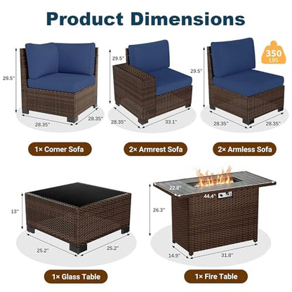 7 Piece Patio Furniture Set with Fire Pit Table, Outdoor Conversation Sets Wicker Rattan Sectional Sofa with Coffee Table for Patio Garden Backyard, 4'' Thickened Cushion Navy Blue