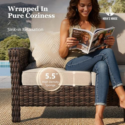 8-Piece Patio Furniture Set with Outdoor Swivel Chairs & Fire Pit Table, High Back Wicker Conversation Sets with 5.5" Thick Cushions, All-Weather Deep Seating Sofa with Ottomans, Beige