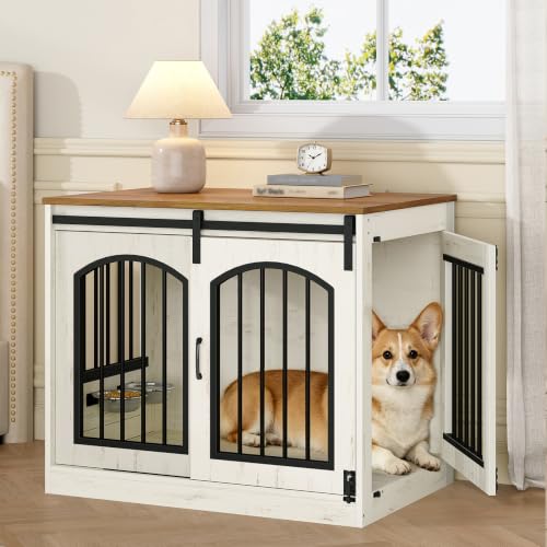 31.5 in Dog Crate Furniture Indoor Dog Kennel with 2 Feeding Bowls, view 2
