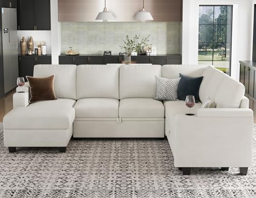 Sleeper Sofa Modular Sectional Pull Out Couch Bed U Shaped Sofa Couch for Living Room with Storage Chaise. White