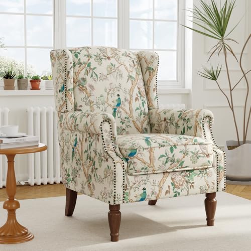 Accent Chair, Upholstered High Back Armchair with Nailhead Trim & Wood Legs, Comfy Wingback Reading Single Sofa Chair for Small Spaces, Living Room, Bedroom (Bird, Set of 1)