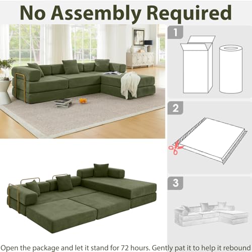 108" Modular Sectional Sofa, Futon Convertible Sofa Bed,Oversized Corduroy Boneless Couch for Living Room,Floor Loveseat Sleeper with Pull Out Bed,Free Combination,No Assembly Required (Green)