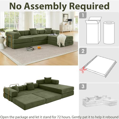 108" Modular Sectional Sofa, Futon Convertible Sofa Bed,Oversized Corduroy Boneless Couch for Living Room,Floor Loveseat Sleeper with Pull Out Bed,Free Combination,No Assembly Required (Green)