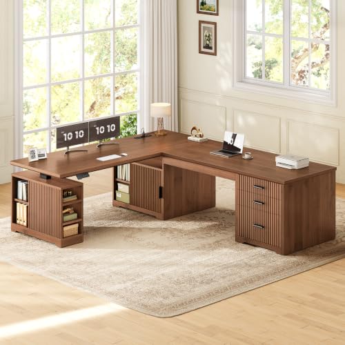 Fluted L Shaped Standing Desk with Storage for Home Office, Brown, view 4