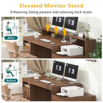 65" Farmhouse Computer Desk with Drawers and Printer Stand for Home Office, view 8