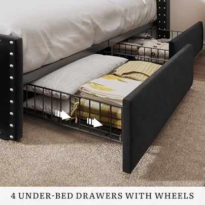 King Size Bed Frame with 4 Storage Drawers, RGB LED Light, Black, view 7